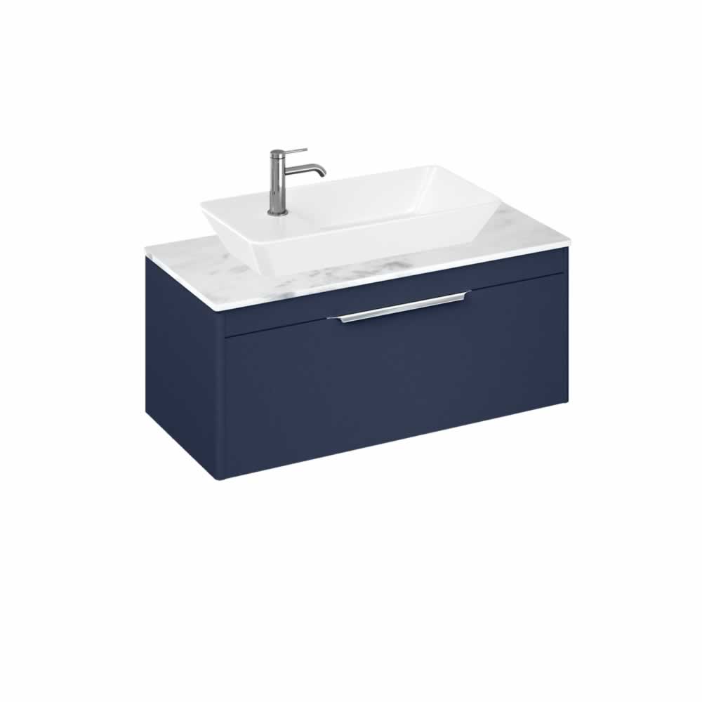 Shoreditch 100cm single drawer Matt Blue with Carrara White Worktop and Yacht Countertop Basin